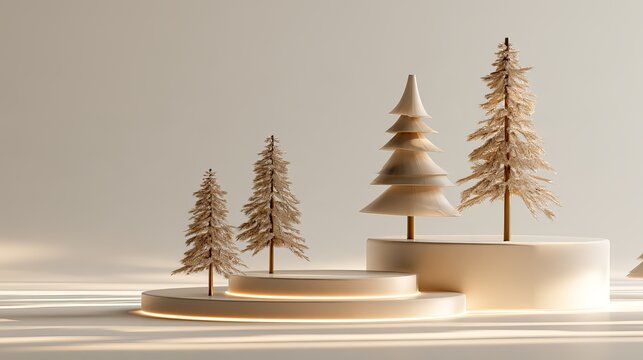 Minimalist podium display featuring elegant golden christmas trees and soft warm lighting for holiday product presentation