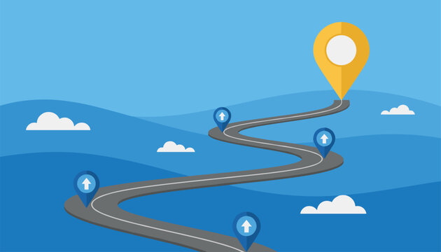 Winding road journey illustration featuring multiple blue location pin markers and a final yellow destination goal.