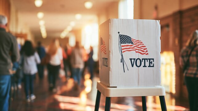 A sunlit American polling place with a prominent voting station and flag graphic in sharp focus. Everyday voters and election workers move through a candid, welcoming hall.