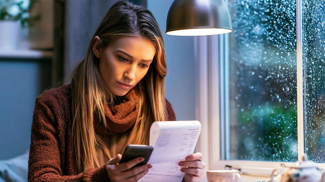 A young Latina woman reviews her energy bill with a smartphone in a cozy, rain-lit apartment. Thoughtful expression and modern lifestyle set a calm, relatable scene.