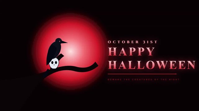 Spooky Halloween greeting animation featuring dark crow perched on branch with glowing red full moon background video