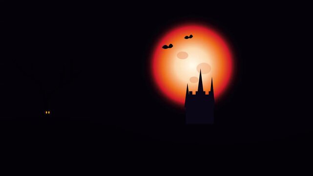 Spooky Halloween night video footage featuring flying bats and glowing moonlit castle silhouette with eerie motion animation