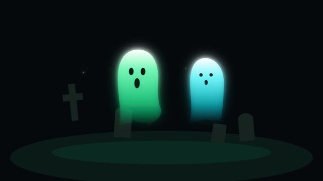 Glowing friendly ghosts floating over a spooky graveyard at night animation background video footage