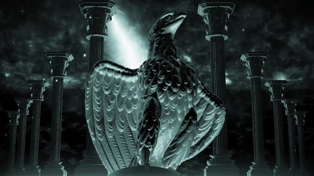 Lone Monochrome Eagle Statue with Spread Wings in a Column Hall Loop