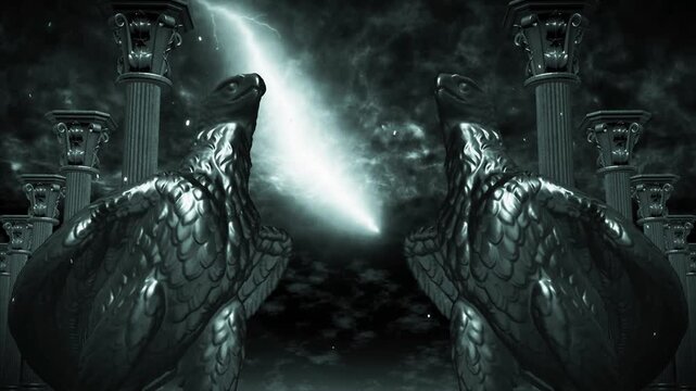 Mirrored Monochrome Eagle Statues Between Columns with Lightning Loop