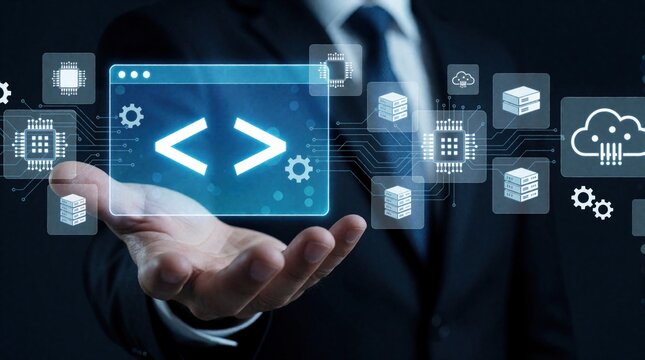 Businessman holds glowing digital interface with coding symbols in hand. Virtual software development process shows programming code, cloud computing, data tech icons. Futuristic system automation,