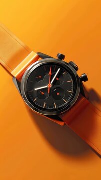 Close-up of a luxury chronograph watch with orange accents on a vibrant orange background