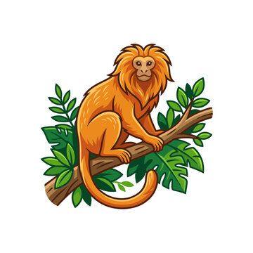 Vector illustration of a golden lion tamarin monkey with bright orange fur and a distinctive mane, perched on a wooden branch surrounded by lush green tropical jungle leaves.