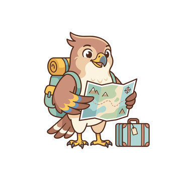 Cute cartoon bird character wearing a backpack with a bedroll and holding a paper map while standing next to a teal suitcase, avian traveler illustration for tourism.