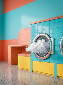 Modern laundry room with tiled washing machine and floating cloud interior