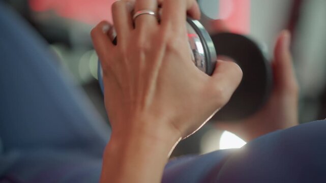 Close up of hand gripping dumbbell during weightlifting exercises. focus remains on hands and fitness equipment with soft lighting creating highlights