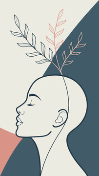 Mindfulness and inner peace concept with serene woman profile and delicate plants growing from her head. Modern vector illustration of mental wellness, personal growth and emotional balance.