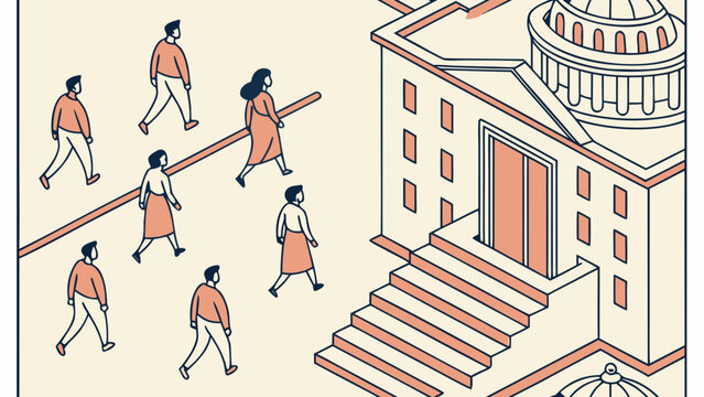 Human rights and equal access concept with diverse people walking toward a public institution. Modern vector illustration of equality, civic participation, inclusion and social rights.