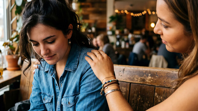 A woman in a denim shirt receives comfort as a friend places a hand on her shoulder while sitting together in a rustic wooden cafe