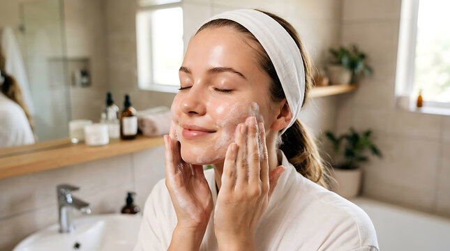 Young woman with a white headband washing her face with soap foam, eyes closed, in a bright bathroom setting with skincare products