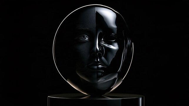A woman's face emerges half-formed from a glossy black orb resting on a mirrored pedestal, her