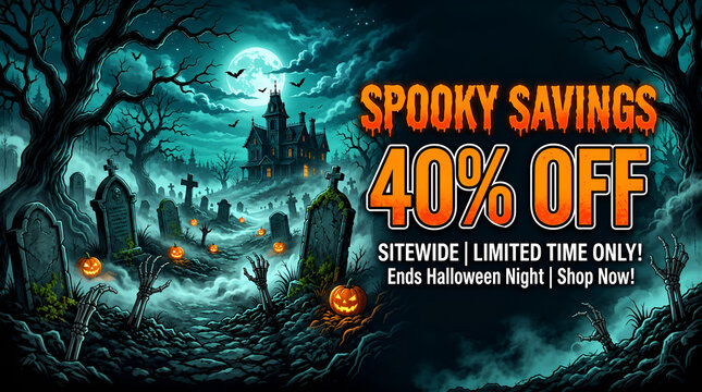 Spooky savings Halloween sale banner background with a haunted house, cemetery tombstones, skeleton hands, and 40 percent discount offer.