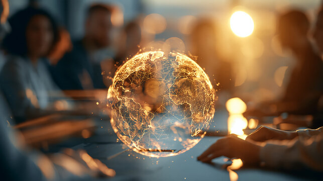 Warm glow illuminates a holographic globe above a table. Business professionals focus intently on global data in a dim room. The floating sphere connects continents with glowing digital lines