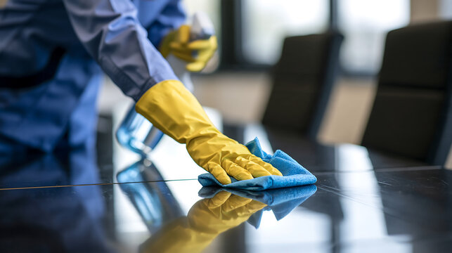 Worker wipes table with blue cloth, yellow gloves. Surface gleams, reflecting surroundings. Clean, precise motion shows attention to detail. Image ideal for cleaning, maintenance, or office themes