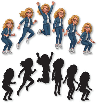 Frontal Eye Level View Woman Jumping Action Pose Sheet Silhouettes Vector Illustration