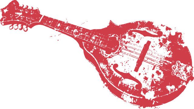 Grunge red mandolin with paint splatters during a rustic performance with copy space