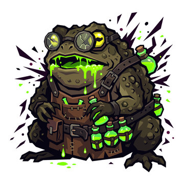 Modern dark fantasy flat vector icon of a grotesque toad alchemist wearing an apron and carrying toxic poison vials.
