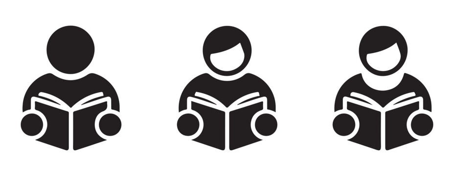 Black silhouette vector icons of person reading open book representing self education learning.