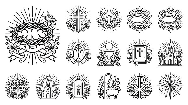 Christian religious icon set with cross and symbols for church design