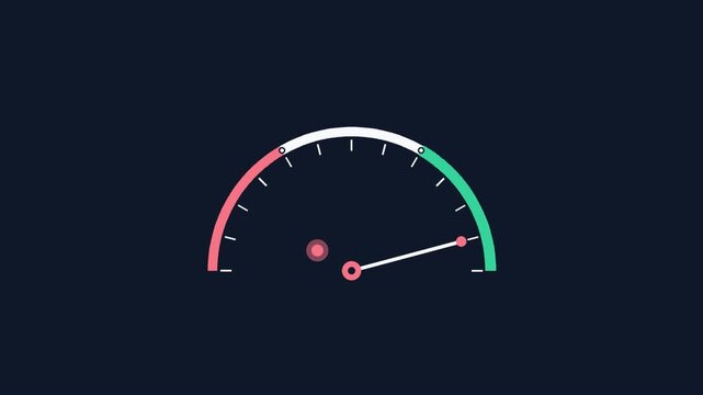 Animated gauge dial needle rising to success zone, flat vector KPI performance concept,
seamless loop