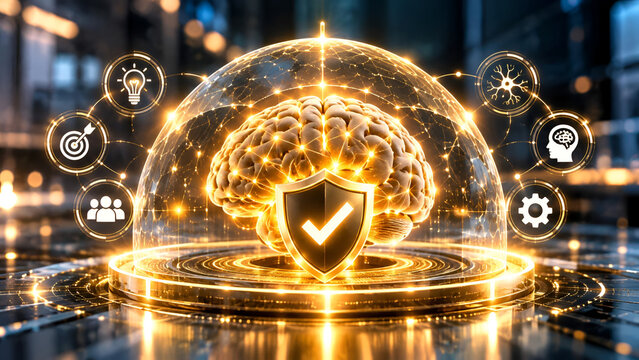 A futuristic depiction of a brain protected by a shield, symbolizing security and innovation in technology and artificial intelligence.