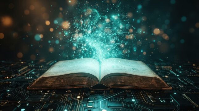 Open vintage book with glowing turquoise data stream and floating numbers on circuit board
