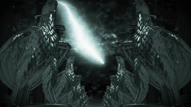 Symmetric Rows of Monochrome Eagle Statues Under a Stormy Sky Loop