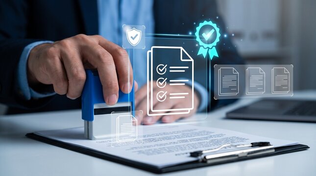 Audit compliance documentation management, auditor reviewing certified business records through verification checklists, validation controls, secure records, quality assurance, trusted approvals