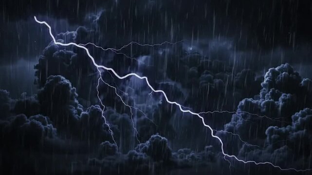 Storm lightning strikes through dark dramatic clouds and heavy rain