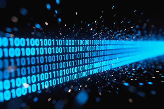 A glowing stream of binary code represents digital data flowing through virtual technological space, illustrating modern information transfer.