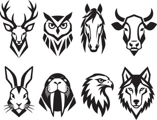 Fototapeta premium Set of black and white animal head icons in a minimalist vector style
