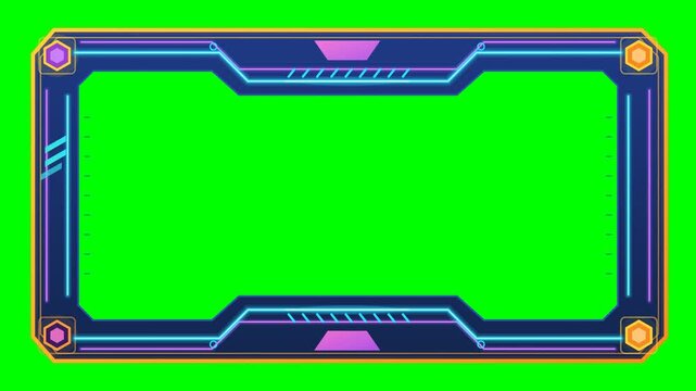 Futuristic Sci-Fi Gaming Frame with Neon Blue and Purple Lights on Green Screen Background for Video Overlay