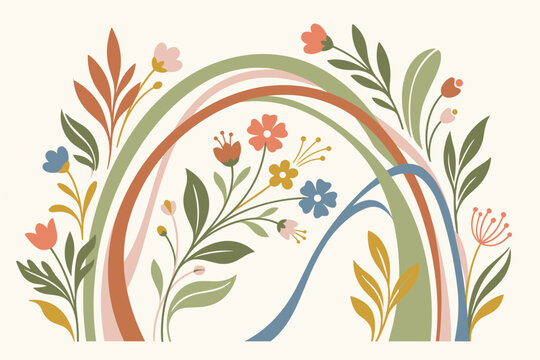 Boho floral arrangement featuring organic arches and blooming flowers on a beige background. Nature-themed textile patterns perfect for greeting cards and botanical wall decor