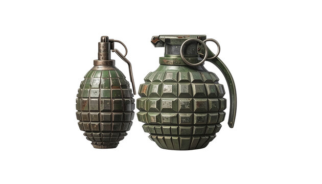 Fragmentation combat grenade explosive device with safety pin and lever isolated on a transparent backgrounds