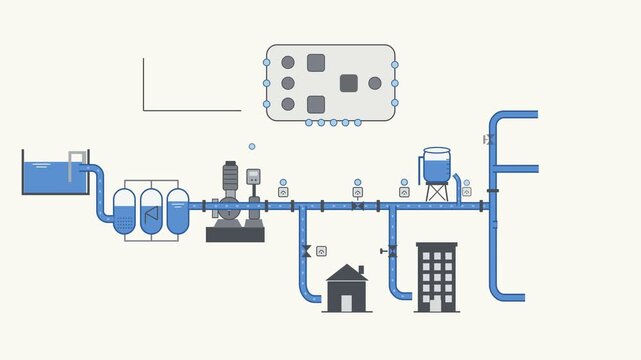 Industrial Water Filtration and Distribution System Technical Schematic Illustration for Water Processing Plants
