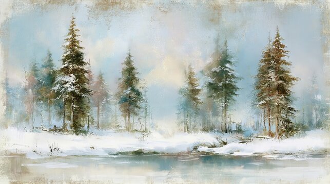 Serene snowy pine forest landscape oil painting featuring frozen riverbanks and soft winter morning lighting across distant mountains