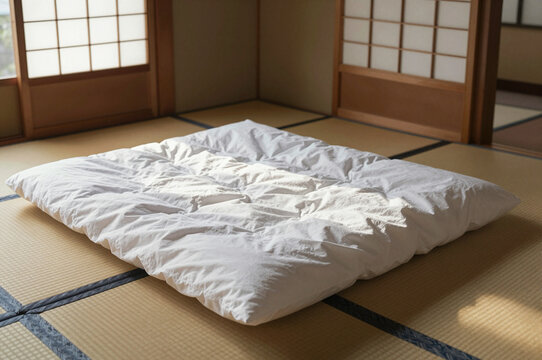 Futon bedding in a tatami room with morning sunlight