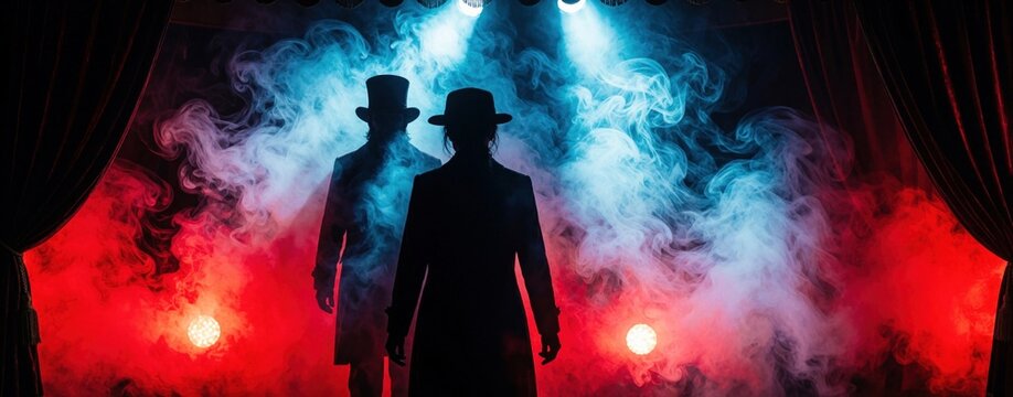 Mysterious performers in top hats stand as silhouettes in dark circus. Eerie shadows move through red, blue smoke on stage. Creepy sideshow show features dramatic fog, moody lighting for horror
