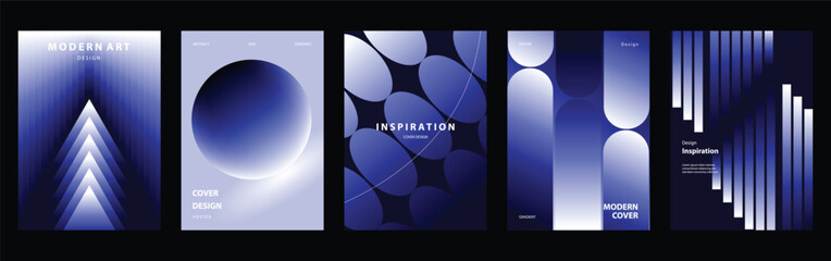 Naklejka na ściany i meble Modern Navy Gradient Vector Cover Collection Featuring Glowing Sphere, Layered Triangle, Circular Geometry, Vertical Light Bars, Abstract Depth, and Elegant Card Layouts