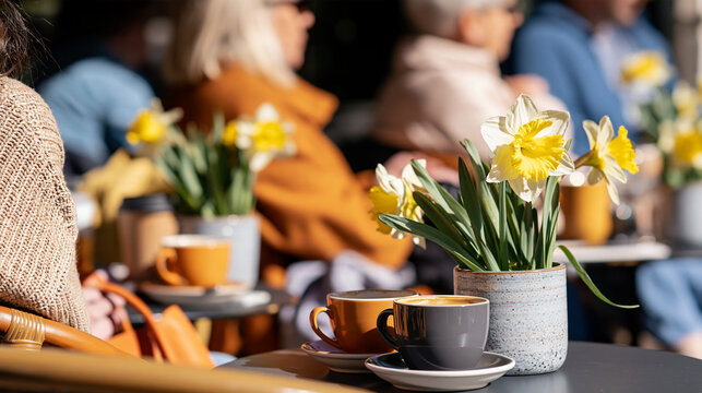 Daffodils in ceramic planter beside coffee cups on outdoor cafe table with softly blurred patrons and warm spring sunlight in a relaxed urban terrace setting