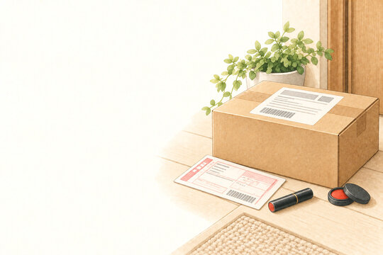 玄関に届いた宅配便と荷物の水彩イラスト