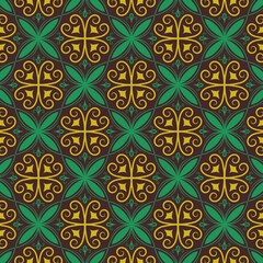 Ethnic filigree floral seamless pattern in green and gold. Tribal ornamental background for commercial fashion textile, luxury wallpaper, fabric print, apparel and wrap design © Natthita