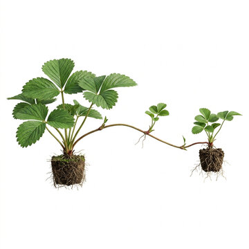 Stolon with Daughter Plant, Strawberry Runner Plant, Plant Propagation, Isolated on White, White Background, Studio Shot, Path, Cutout, Studio Image