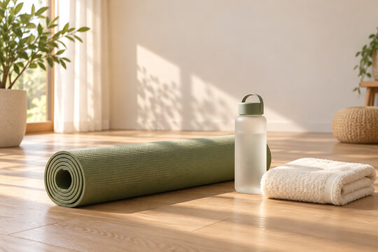 Plain exercise mat rolled beside a water bottle