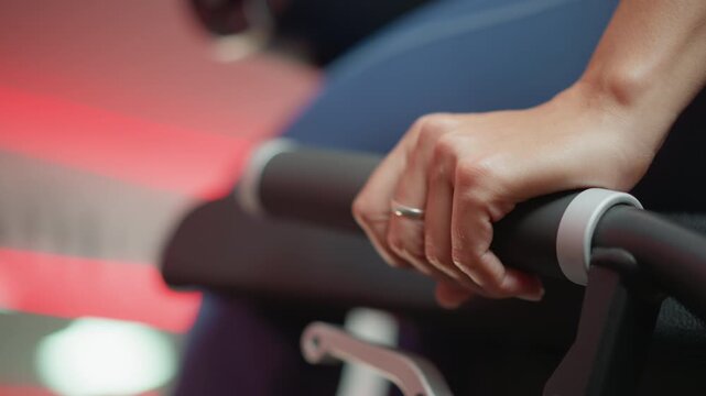 Close up of hand gripping gym equipment during exercise session. focus remains on grip and arm position with no significant movement or change in framing